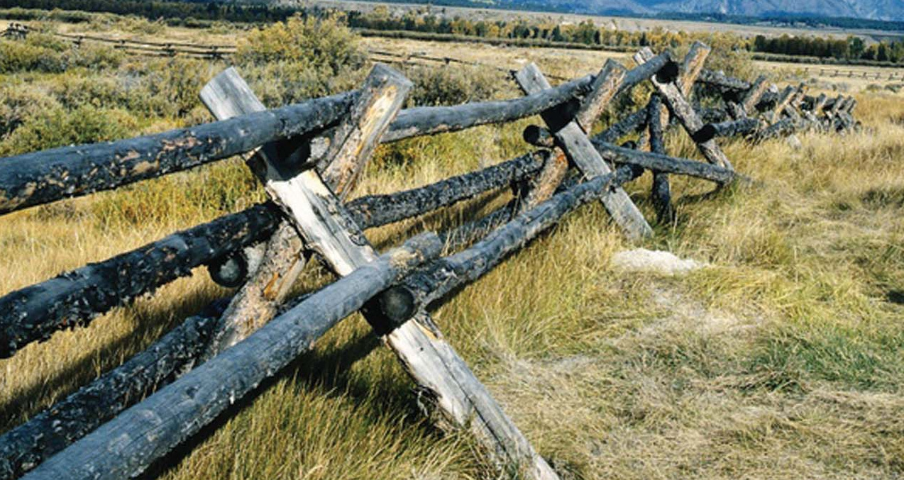 A split-rail fence crossing a grassy field