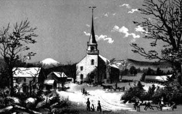 A church and surrounding village in a snowy landscape