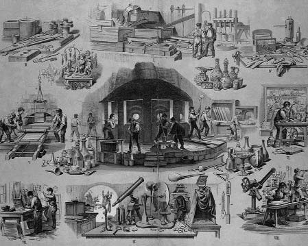 Illustrated workshop with many people and machines