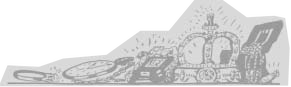 A line drawing of crowns, chains and other treasures.