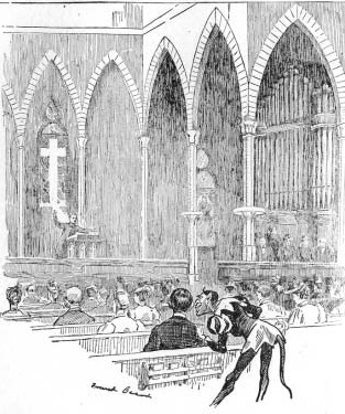 A drawing of a congregation seated in a church with tall arched windows and a cross.