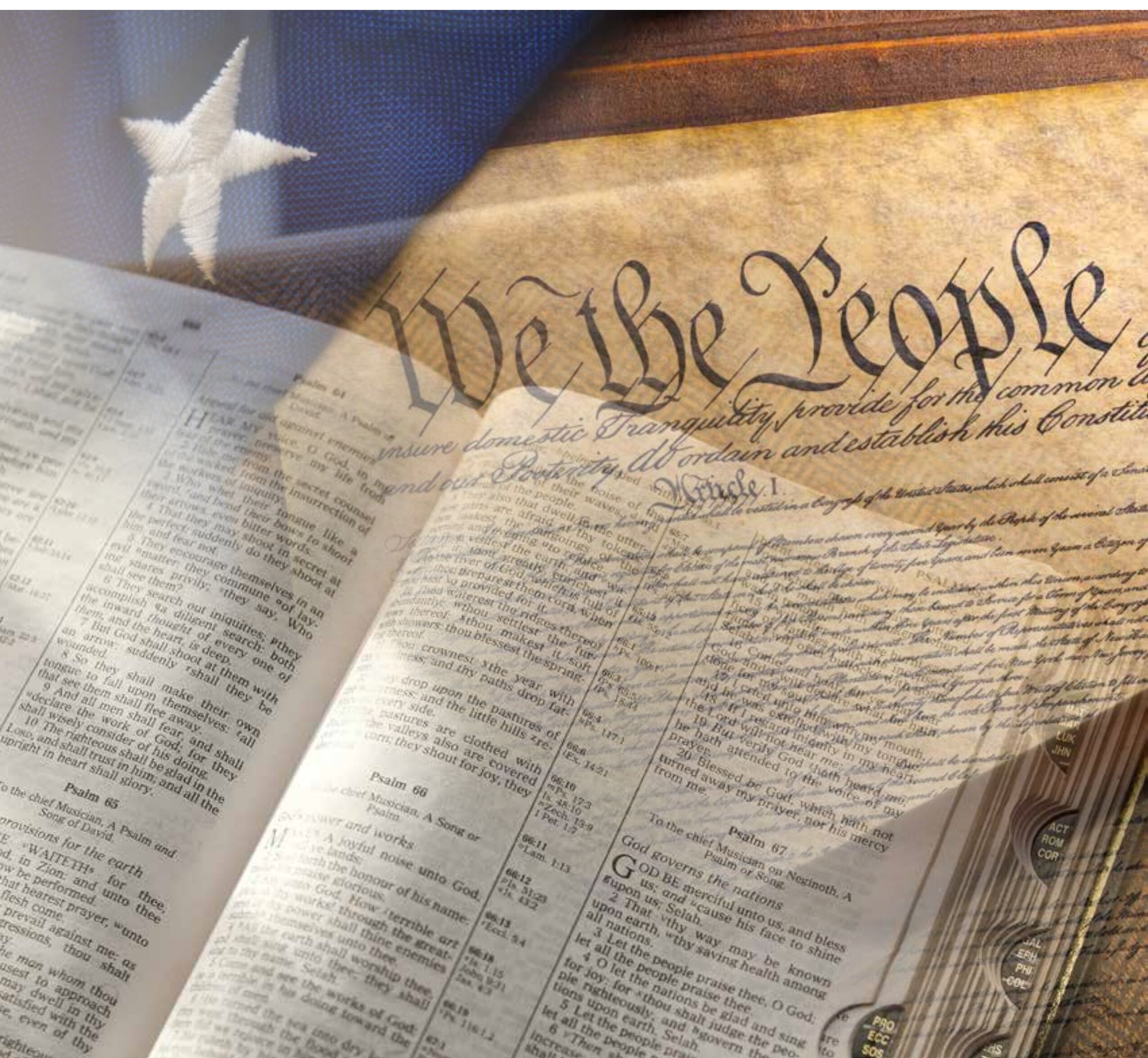 An open Bible overlaid with the United States flag and Constitution