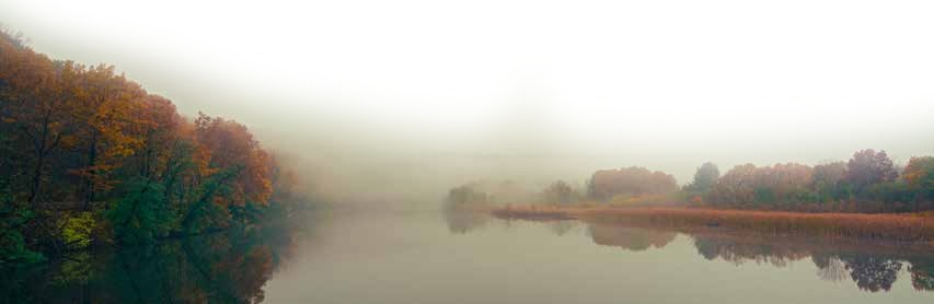 A misty autumn forest reflected in a calm lake