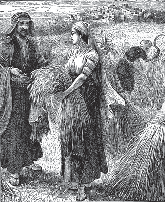 People gathering grain in a field