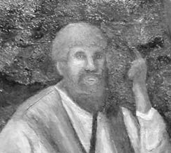 Painted portrait of a bearded man raising one hand