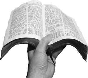 A hand holding an open Bible