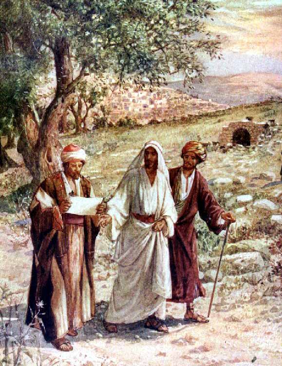 Jesus walking with two men on the road to Emmaus