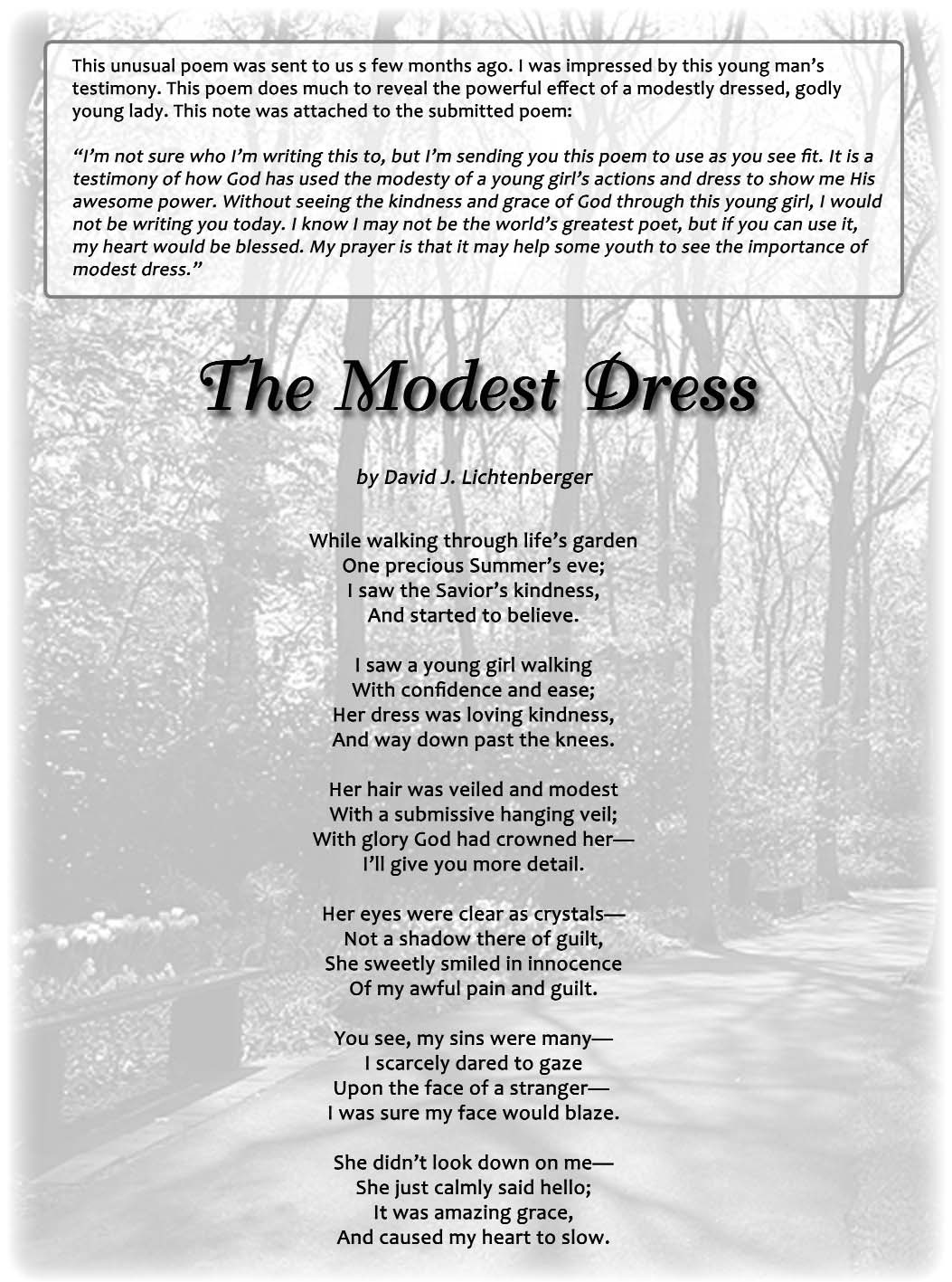First page of The Modest Dress over a faded garden photograph