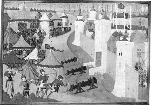 Medieval town and battle scene