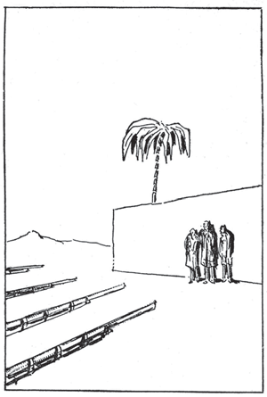 Drawing of rifles pointed toward people