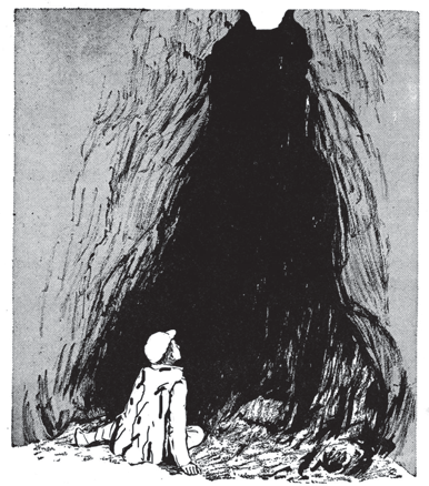 Small figure at the entrance to a dark pit