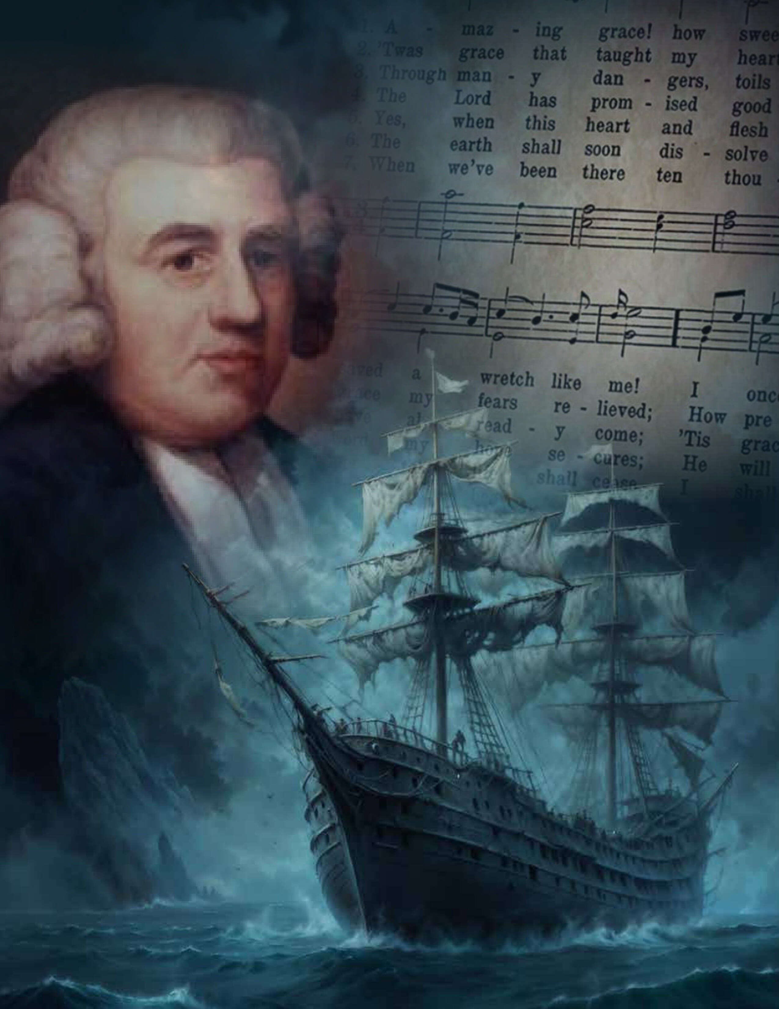 A portrait of John Newton above a sailing ship in a storm, with Amazing Grace sheet music in the background.