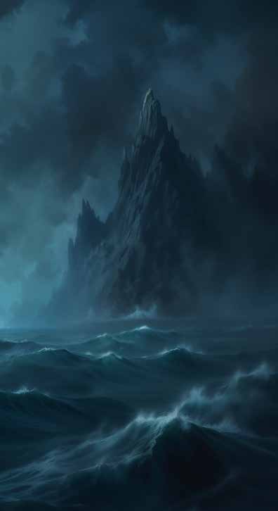 Dark waves around a steep rocky island beneath storm clouds.