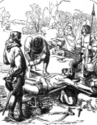 An illustration of men nailing a man to a wooden cross.