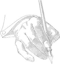 An engraved hand holds a pen.