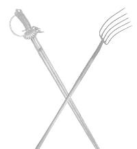 A sword and a pitchfork cross diagonally.
