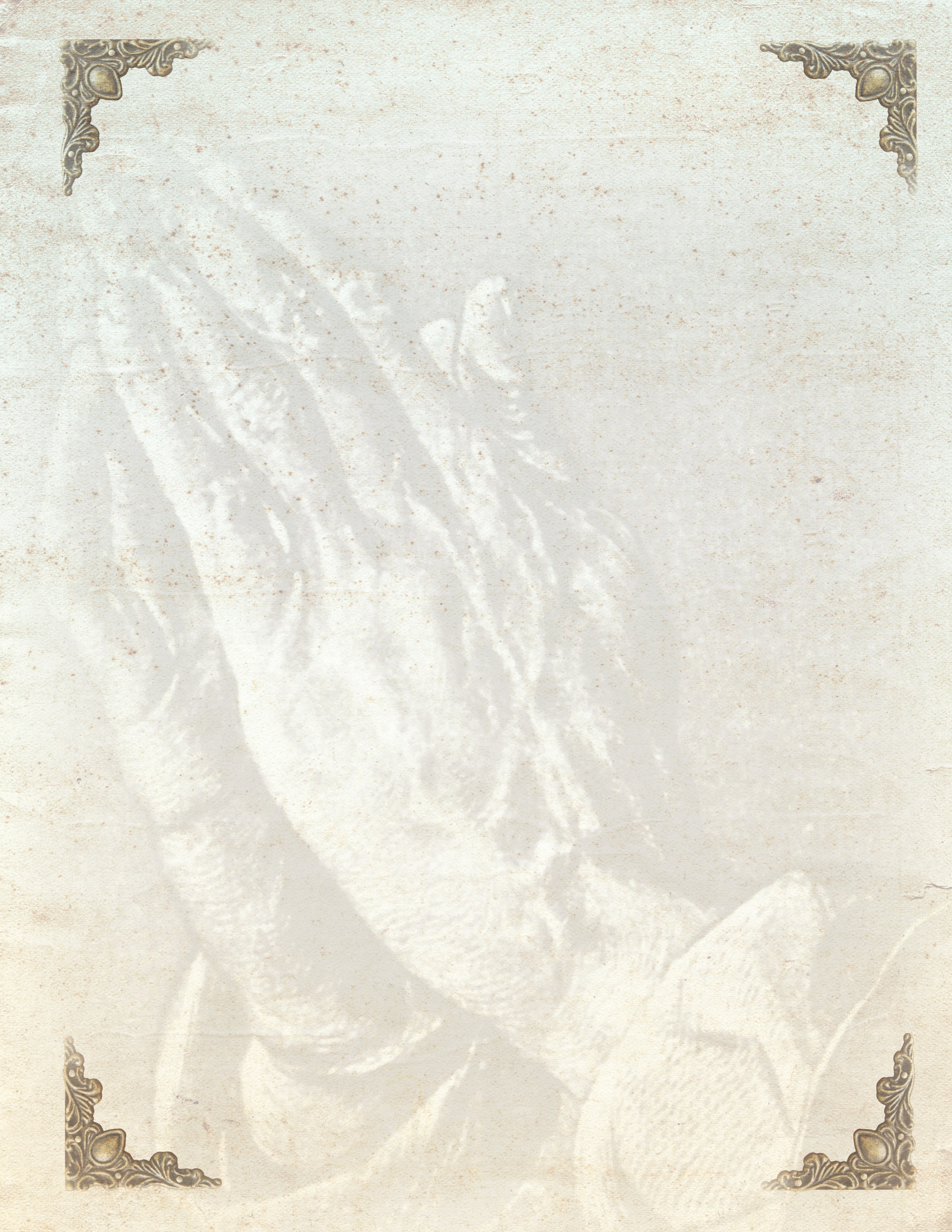 Faded praying hands on a parchment-like background with ornate corners