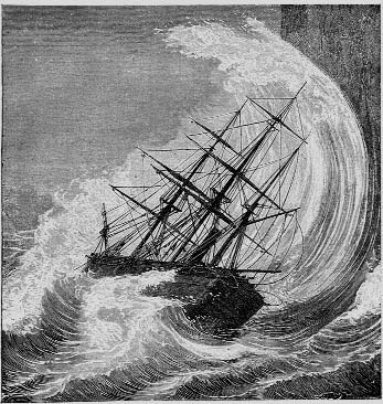 A sailing ship in a breaking wave