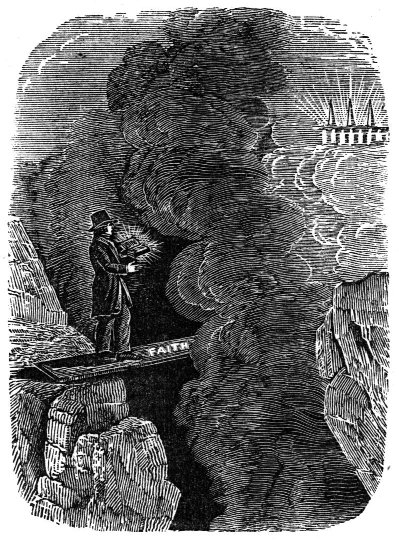 A man crosses a dark chasm on a narrow beam marked FAITH