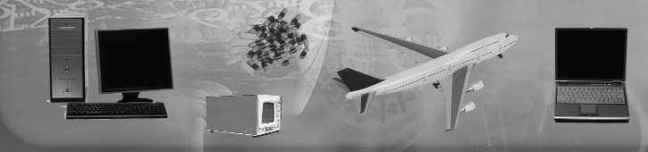 A desktop computer, a microwave oven, an airplane, and a laptop