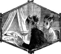 A woman and girl beside a canopied bed.