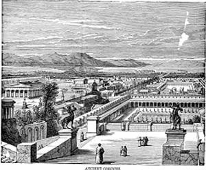Engraving of a city and distant landscape viewed from a square