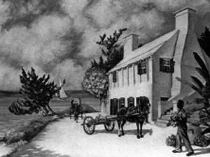 Engraving of a horse-drawn cart beside a house