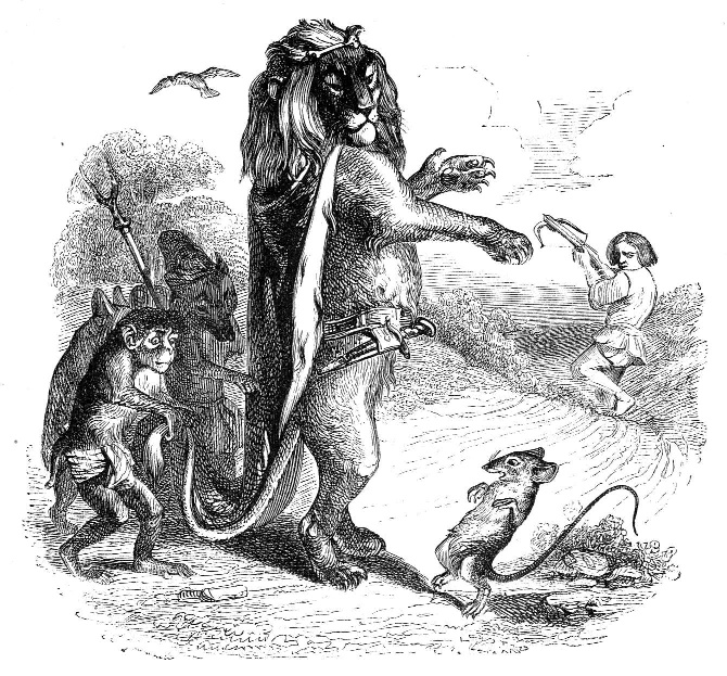 A lion and other animals watch a dancing child