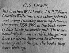 A plaque describing C. S. Lewis and his friends meeting at the back room of a pub