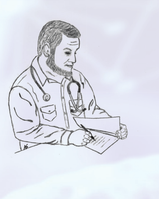 A line drawing of a doctor reading papers