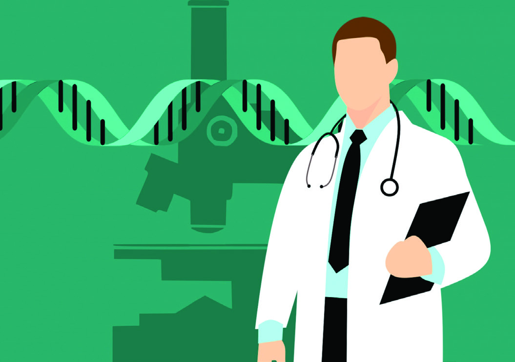 An illustrated doctor standing before a DNA helix and microscope