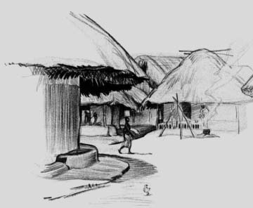 Illustration of a person walking among thatched village buildings.