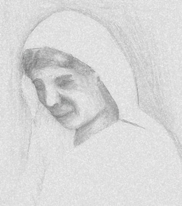 Pencil drawing of Amy Carmichael with her head bowed