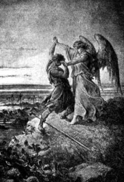 A man wrestling with a winged figure