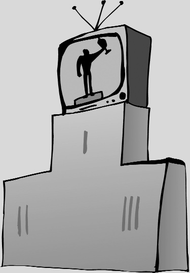 A television on the first-place tier of a winners’ podium