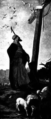 A figure looking up at a crucified man, with birds and sheep nearby