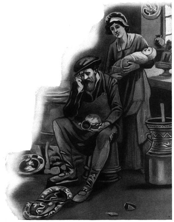 A seated man beside a woman holding a baby, with broken pottery nearby