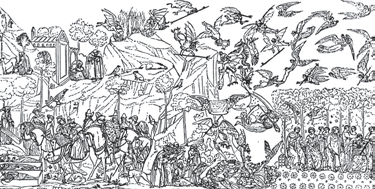 Historical line drawing of a town with many people and figures in the sky