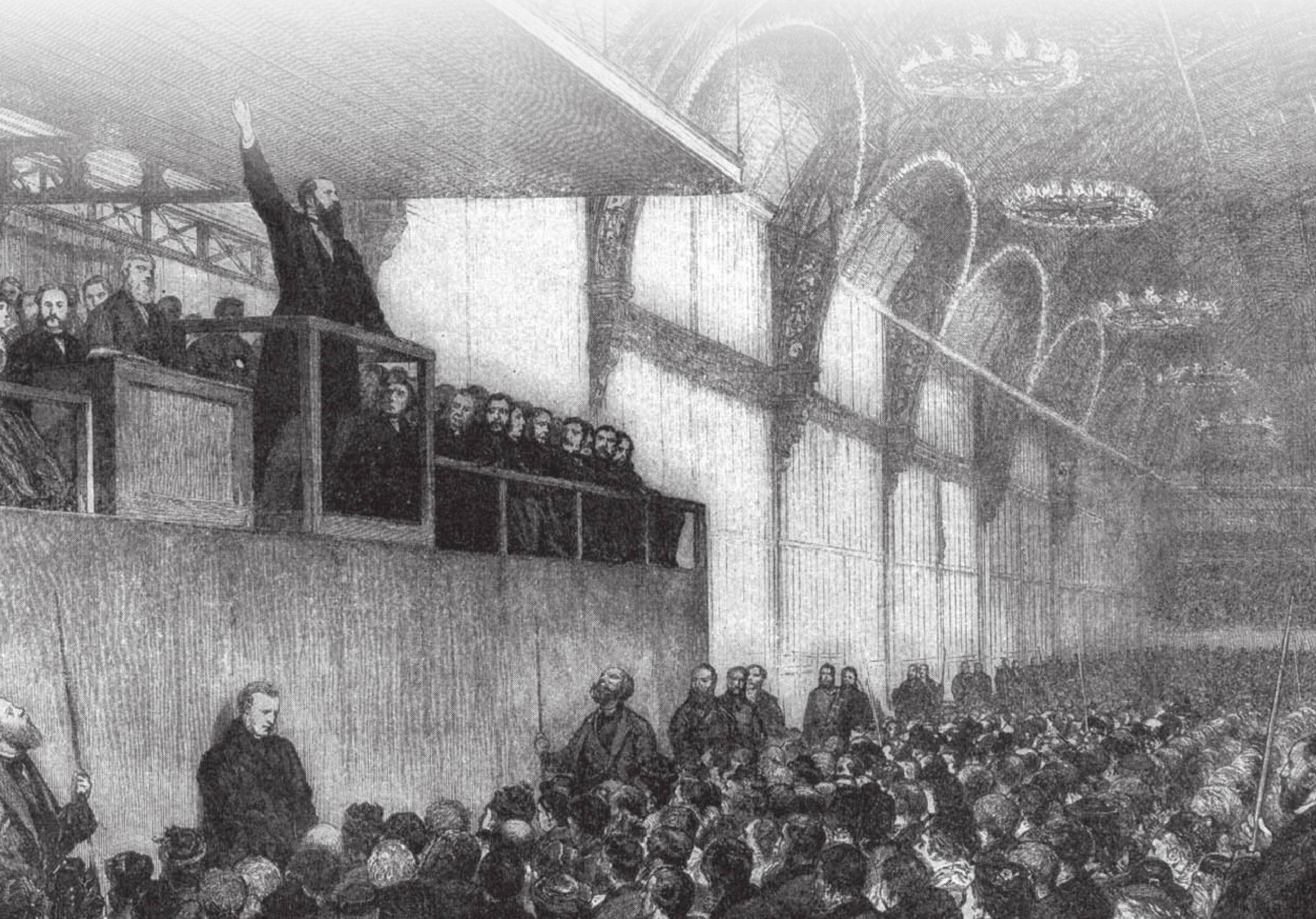 A preacher addressing a large congregation inside a historic meetinghouse