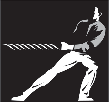 Silhouette of a man pulling a rope in a tug of war
