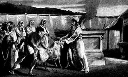 A priest presenting a goat before an altar as people watch