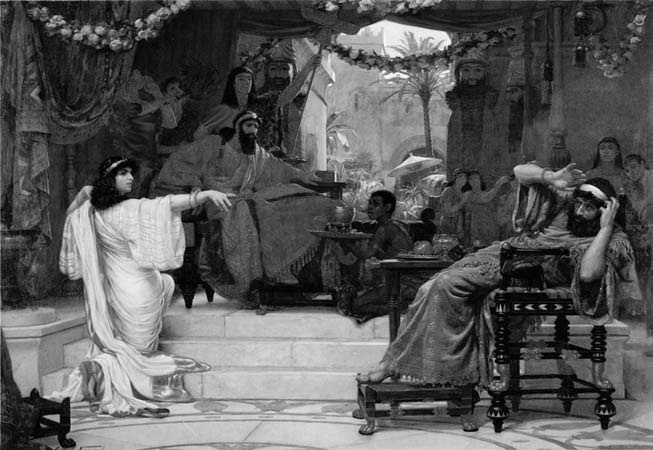 Esther kneeling and pointing before King Ahasuerus and his court