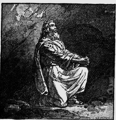Jesus kneels in prayer among rocks