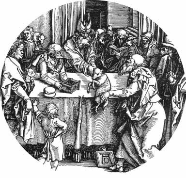 oval illustration of people and a biblical scene