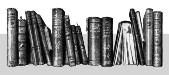 Books standing in a row, including leaning volumes.