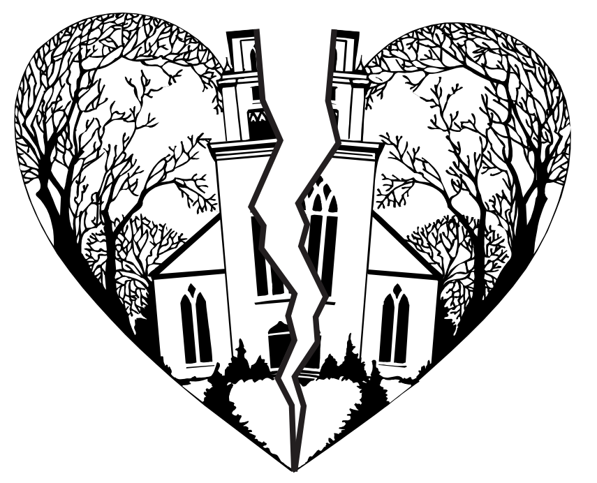 A church and trees inside a heart split down the middle.
