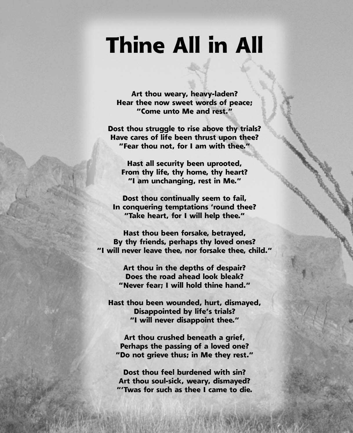 Mountain scenery behind the first page of Thine All in All