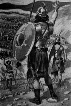 An illustration of an armored giant facing a smaller figure across a valley.