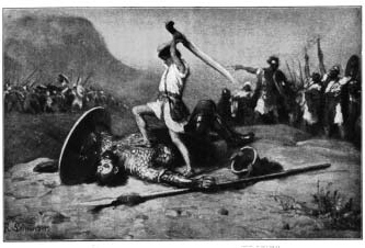 An illustration of David raising a sword over the fallen Goliath.