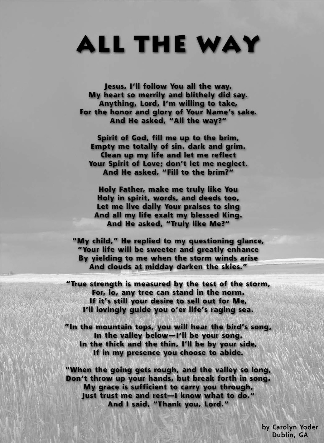 The poem All the Way printed over a field beneath cloudy sky